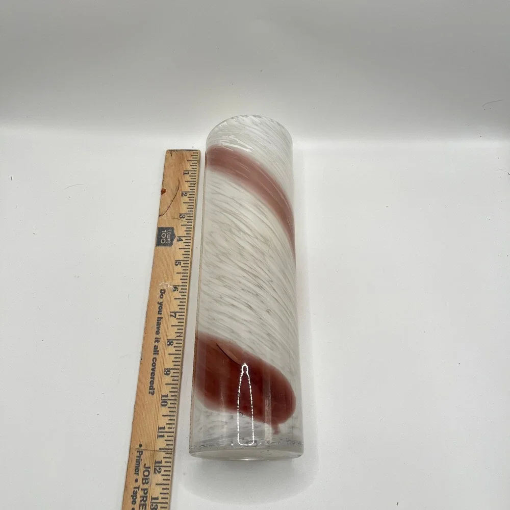 Hand Blown Murano Style Glass Cylinder Vase White Burgundy Swirl 12 Inch